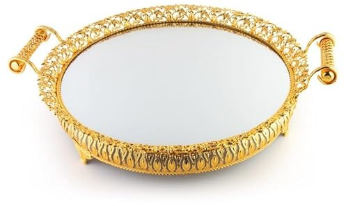 Serviertablett mit Griff Teetablett Aufbewahrungsplatte Deko Luxe Ø 55 cm Gold Spiegelglas HM7597