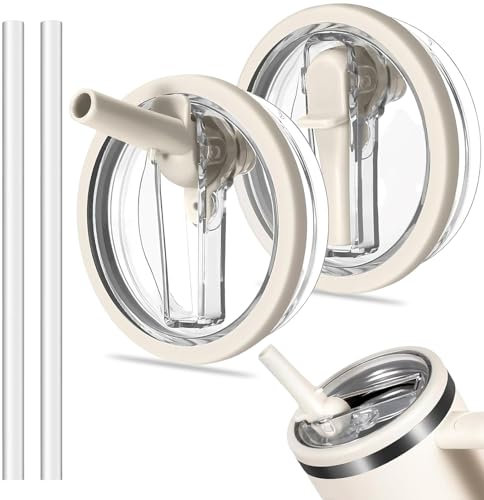2 Pack Replacement Lids for Stanley Cup 40oz (1.2L), Leak-Proof Straw Lids with Reusable Straws, Compatible with Stanley Quencher H2.0 Tumbler, BPA-Free & Durable Lid for Stanley 40oz Tumbler, Cream