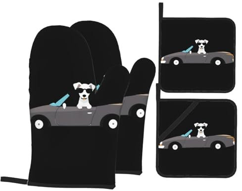 BROLEO Occhiali da sole personalizzati stampati Cucciolo Cucina Cottura Set 4 pezzi - Guanto da forno isolato e presine anti-scottatura e isolamento termico