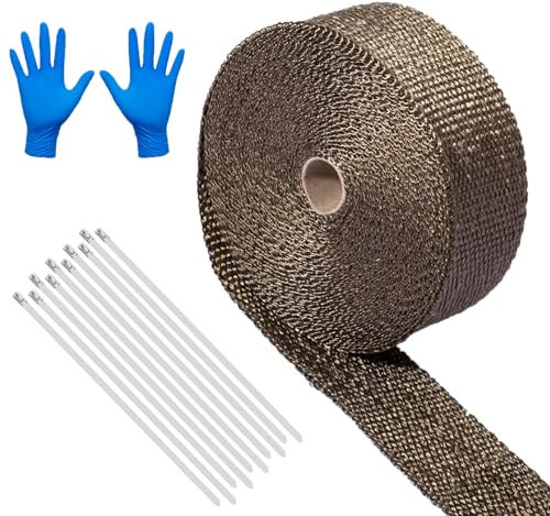 Basaltfaser Auspuffband, 10M Fiberglas Auspuffband, Thermoband Krümmerband mit 10Pcs Kabelbinder und Handschuhe, Auto Thermoband, Auspuffband Auspuff Bandage, für Auto Fächerkrümmer, Titan Gold