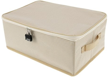 QINGLANG Foldable Fabric Storage Box with Zipper Lid Lockable Garment Bedding Storage Basket Organiser Combination Lock Box Stackable Cubes Lock Boxs for Wardrobe Shelf 38×26×15cm(Coffee)