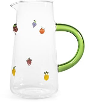 H&H – Carafe en Verre Borosilicaté Transparente avec Miniatures Fruits – Anse Verte – 1,6 L – Compatible Lave-Vaisselle