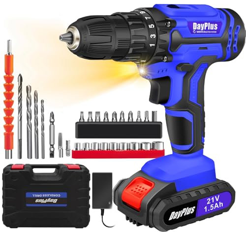 21V Cordless Drill Set, Electric Power Tool with Battery, Charger, 3/8'' Keyless Chuck, 45Nm, 25+1 Torque, 2 Variable Speeds, 26pcs Bits & LED Light for Home and Garden DIY
