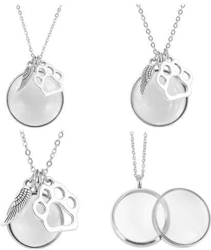 DELORIGIN 3 Stück Gedenkkette Für Tierhaare Fell Asche Andenken Halskette Transparente Medaillon Halsketten Mit Flügel Und Pfote Katzen Und Hundeurnenbild Gedenkschmuck Für Frauen Und Männer