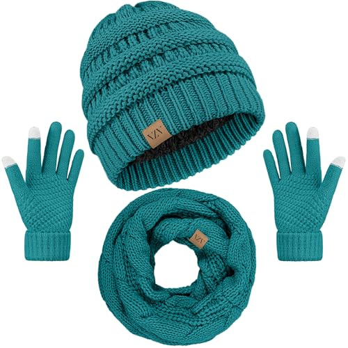 VZV Winter Set für Damen, Strickmütze mit Schal und Touchscreen-Handschuhe, Warmer Halswärmer, Schwarz (Blaugrün, Einheitsgröße)