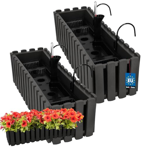 KOTARBAU® Blumenkasten Balkon 58x18x16cm, Balkonkasten mit Wasserspeicher | Blumenkasten für Balkongeländer, Balkonkasten mit Halterung, Pflanzkübel rechteckig, Selbstbewässernd, PVC, Grau, 2er Set