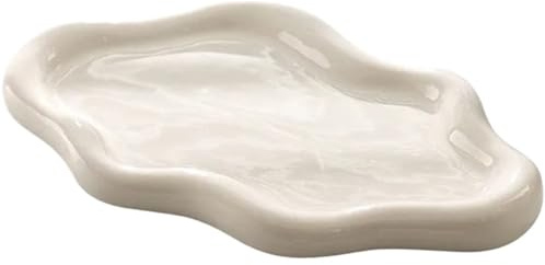 PPQIRU Vide-Poches Plat À Bibelots En Céramique, Plateau De Rangement Bijoux, Présentoir, Légère(Beige,L)