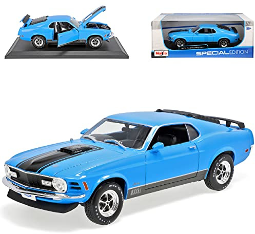 alles-meine.de GmbH Ford Mustang Mach 1 Coupe Tuning Blau mit Streifen in Schwarz Typ I 3. Generation 1969-1970 1/18 Modell Auto mit individiuellem Wunschkennzeichen