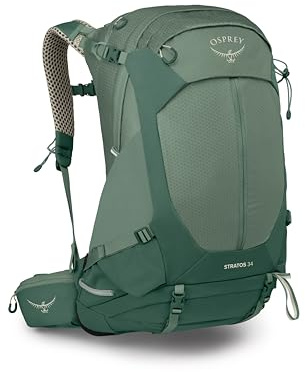Osprey STRATOS 34L Herren Wanderrucksack Campingtasche mit wasserdichtem Regenschutz, Flaschentaschen, Zahnriemen, Kiefernblatt