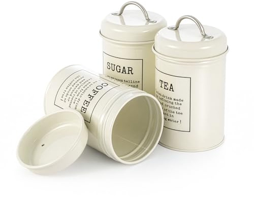 SUNNYNEST Tea Coffee Sugar Containers Set of 3 Metal Kitchen Storage Tins | Vintage Dry Food Canisters airtight rim lids durable iron design keeps essentials fresh for countertop shelf coffee station