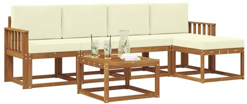 vidaXL Outdoor-Sofagarnitur 6 pcs Natur und Creme Massivholz Akazie, Gartenlounge-Set, Moderne Akazien-Couch, strapazierfähiges Outdoor-Sofa, stylische Terrassenmöbel