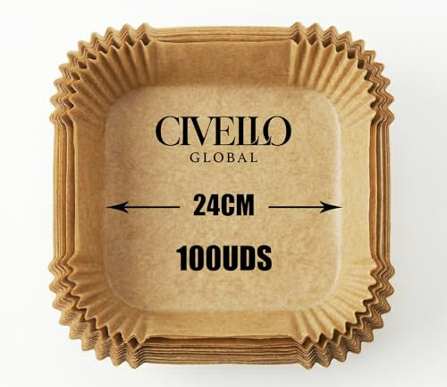 CIVELLO GLOBAL Papel Freidora de Aire Cuadrado, Forros de Papel Desechables Antiadherentes para Air Fryer de 4.5 a 6 Litros, Apto para Horno, Microondas y Vaporera, 100Uds
