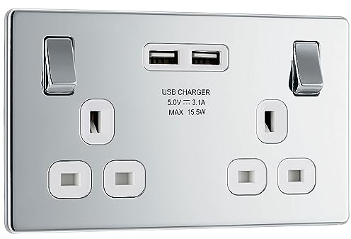 BG Electrical Screwless Flatplate Double Switched Fast Charging Power Socket with Two USB Charging Ports