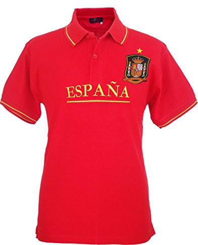 Pi2010 – Polo España Rojo, Bordado Delantero, Escudo Selección Española en Pecho, Bandera España en Cuello y Mangas, 100% algodón, Talla XL
