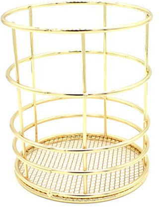 Hillento Pencil Holder, Metal Pen Pencil Holder, Rose Gold Pencil Holder, Desk Stationery Organizer for Home, School, Office Desk Supplies, Makeup Brush Organizer, Round, Gold