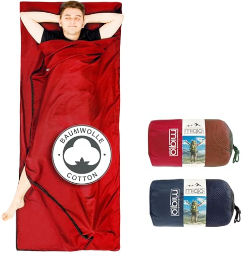 MIQIO® 2in1 Baumwoll-Hüttenschlafsack mit durchgängigem Reißverschluss (Koppelbar): Leichter Komfort Reiseschlafsack und XL Reisedecke in Einem - Sommer Schlafsack Innenschlafsack (Rot,Rechts)