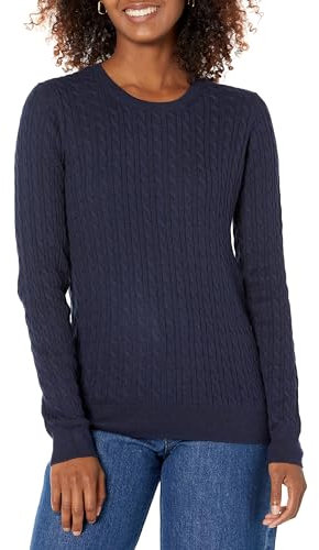Amazon Essentials Jersey de Cuello Redondo y Manga Larga en Ligero Punto Trenzado (Disponible en Tallas Grandes) Mujer, Azul Marino, L