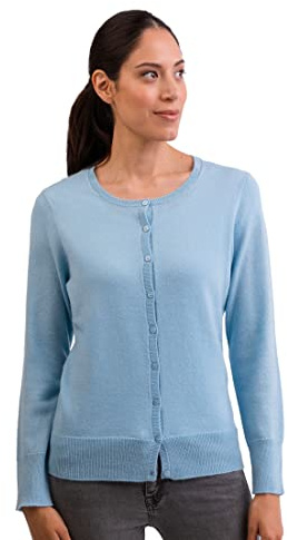 CASH-MERE.CH 100% Kaschmir Damen Pullover Cardigan Rundhalsausschnitt | Strickjacke Rundhalsausschnitt 2-fädig (Blau/Hellblau, XL)