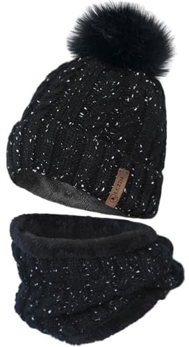 LCZTN Damen Bommelmütze, Schal, Set, Mädchen, Winter, Skimütze, Slouchy Strickmütze mit Fleece gefüttert, Schwarz , Einheitsgröße