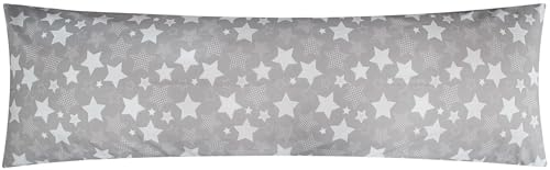 Baumwoll Renforcé Seitenschläferkissen Bezug 40x145cm - Sterne und Punkte in Grau und Weiß - 100% Baumwolle Stillkissenbezug (KY-500-1)