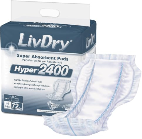 LivDry High Absorbency Pad Insert for Incontinence Briefs and Adult Diapers, Women and Men, Hyper 2400 (18 Count)