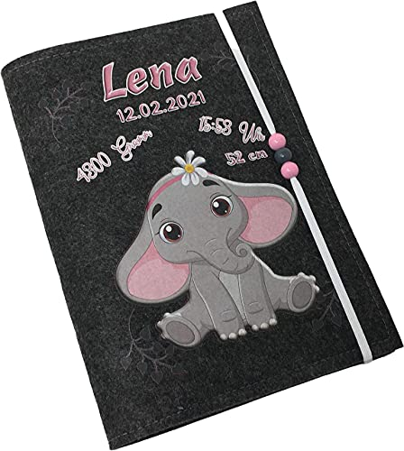 U Heft Hülle mit Impfpass aus Filz - Personalisiert mit Namen - Untersuchungsheft Schutzhülle - Babygeschenke zur Geburt - Kinderuntersuchungsheft Mädchen und Junge - Elefant und Teddy