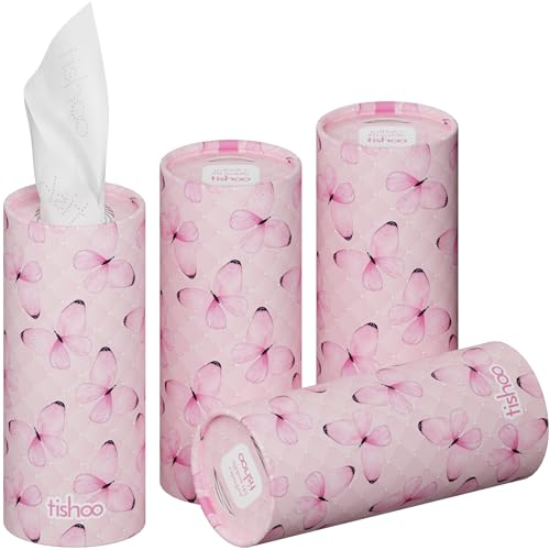 tishoo extra weiche 4-lagig Taschentücher mit Feuchtigkeitscreme | für Becherhalter im Auto, Zuhause und Reisen | 4 Tuben in kunststofffreier Verpackung | Pink/Butterflies