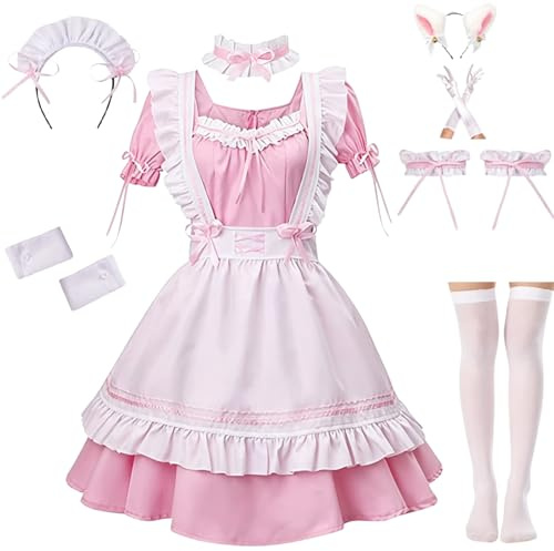 maxToonrain Maid Costume Set,Women Fancy Dress Anime Lolita French Valentines Day Maid Outfit with Gloves Socks