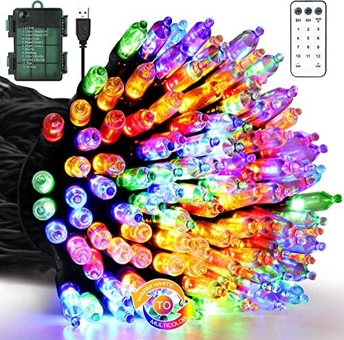 WUJUN Weihnachtsbeleuchtung 10M 100 LED Batterie Lichterketten mit Memory Funktion & 8 Modi, USB Batterie betriebene wasserdichte Lichterketten für Weihnachten Dekoration (Warmweiß & Mehrfarbig)