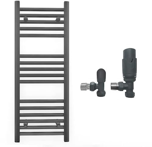 Myhomeware 300mm Wide Straight Anthracite Grey Heated Bathroom Towel Rail Radiator With Valves For Central Heating UK (With TRV Angled Valves, 300 x 900 mm (h))