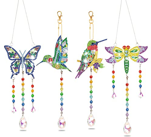 Martin Kench 3/4pcs Diamond Painting Bilder Anhänger, Diamond Painting Sonnenfänger, Kristall Suncatcher Wandbehang Türkranz Wanddeko Ornamente (B)
