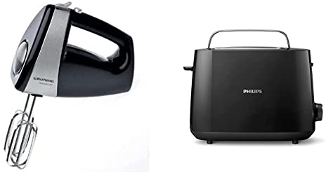 Grundig HM 5040 Premium-Handmixer (300 Watt), schwarz-silber & Philips Toaster – 2 Toastschlitze, 8 Stufen, Brötchenaufsatz, Auftaufunktion, Liftfunktion, Abschaltautomatik, schwarz (HD2581/90)