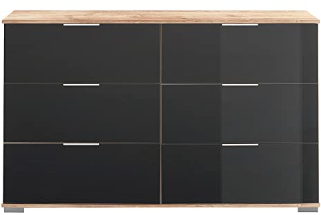 Schlafzimmer Kommode mit 6 Schubladen in Plankeneiche Nb. mit grauem Glas, B/H/T ca. 130/83/41 cm