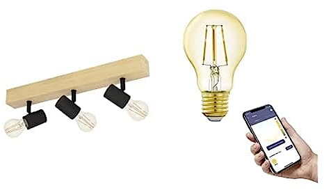 EGLO Deckenlampe Townshend 3, Vintage Deckenspot im Industrial Design inkl. 3 E27 Smart Home connect.z Retro-Leuchtmittel, Lampe aus Stahl und Holz, Schwarz, braun