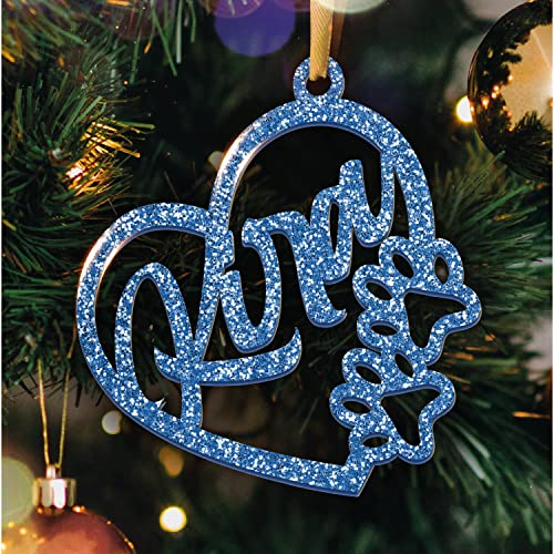 Weihnachtskugel, personalisierbar, Weihnachtsdeko mit Vornamen – 16 Farben erhältlich – (Modell Herz & Pfoten, Blauer Glitzer)