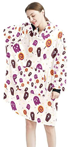 Tragbare Decke Hoodie Niedlich Halloween Sarg Geist Muster 01 Übergroße Kapuze für Frauen, bequemes Sweatshirt, Multicolor, One size