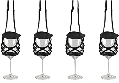 VINSTRIP® GLASSLING 4er-SET SCHWARZ - Weinglashalter zum Umhängen mit Schutzdeckel - praktischer Netzglashalter für Festivals, JGA, Stehparties, Weinwanderung, Geburtstagsausflug, ...