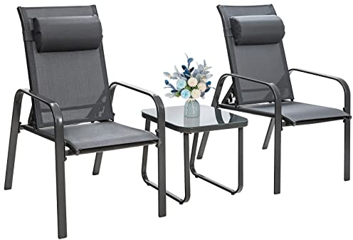 COSTWAY 3-Piece Patio Bistro Set, Garden Furniture Set Tempered Glass Table and 2 Stackable Chairs with Adjustable Backrest & Headrest, Outdoor Balcony Yard Conversation Table Chairs Set (Grey)