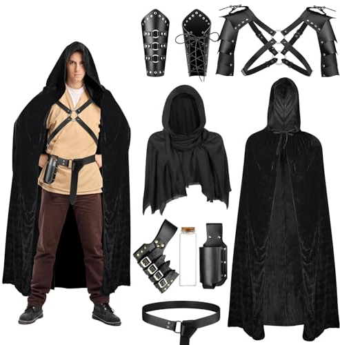 PLULON 9St Mittelalterliches Ritterkostüm Männer Kapuzenumhang Retro-Schal PU-Ledergürtel Schulterschutzschnalle Armschienen Schwert Frosch Flaschenhalter Korkflasche Renaissance Zubehör Halloween