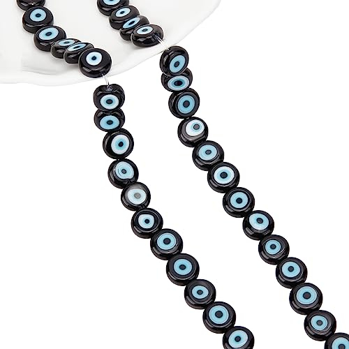 NBEADS 1 Strang Über 49 Stück Auge Lampwork Perlen, 8mm Flache Runde Türkische Auge Charms Handgemachte Spacer Perlen Für Armbänder Halskette Schmuck Machen, Schwarz