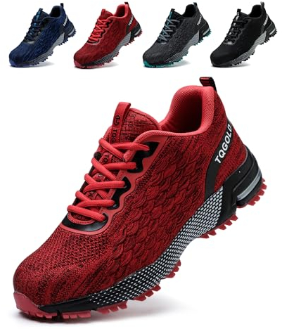 tqgold Arbeitsschuhe Herren Sicherheitsschuhe Damen Leicht Stahlkappenschuhe rutschfest Atmungsaktiv Schutzschuhe Sneaker Sportlich Industrie Stahlkappen Schuhe(Rot,44EU)