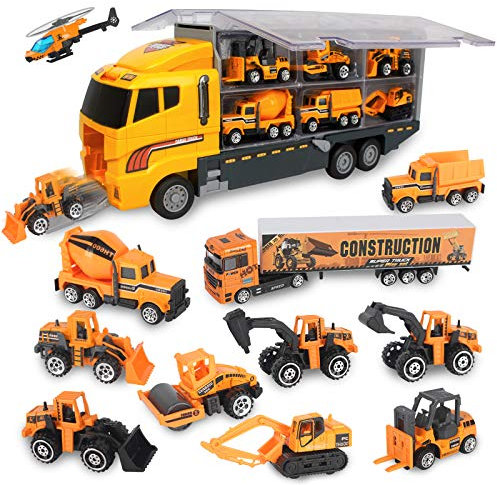 jenilily Toy Vehicle Mini Cars Model & Carrier Trucks, Transporter Construction Mini Excavator Digger Dumper Tractor Toy for Kids boys Age 3 4 5
