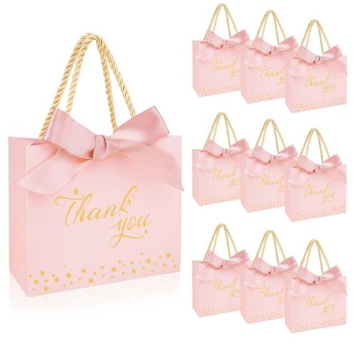 50 Pièces Thank You Sac Cadeau Sachet Créative en Papier avec Poignées, SHAIDOJIO Rose Thank You Petit Pochette Cadeau pour Bonbons, Noeud Rose Thank You Sacs Cadeaux pour Anniversaire Mariage Baptême