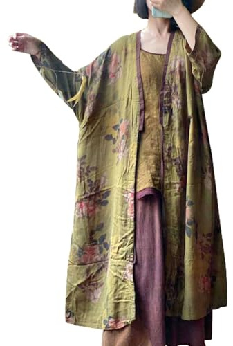 LUZU JUNU Women Lightweight Kimono Jacket Floral Printed Tie Up Loose Cardigan Open Front Trench Coat Outerwear