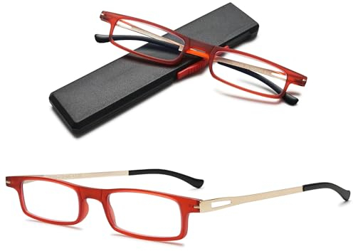 VEVESMUNDO Schmal Lesebrille Metall Leicht Flach Kompakt Lesehilfe Sehhilfe Brillen für Unterwegs mit Etui +1.0,+1.5,+2.0,+2.5,+3.0,+3.5 (+2.0, Rot)
