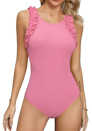 Missufe Body estivo da donna con volant, senza maniche, scollo rotondo, a coste, Colore: rosa., M
