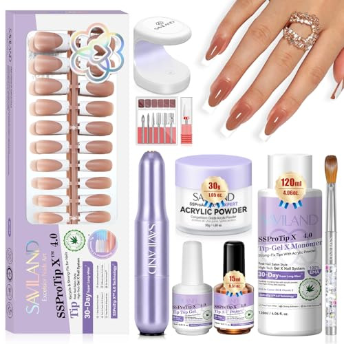 SAVILAND Französisch Spitze Acryl Nägel Kit: In-Minute Long Wear & Easy French Acrylic Press-ons & Thick Short Square White Tip 150PCS Pro Acrylic Nail Kit Powder Monomer Liquid (Rechteck)