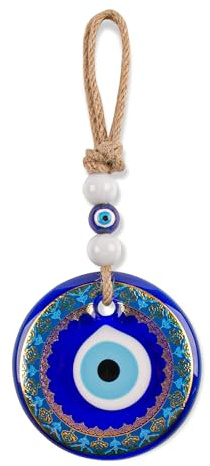 Nazar Boncuk Wandbehang Böser Blick, Glasmedaillon mit goldenem Ornament-Rand, Türkisches Evil Eye Amulett an Jutekordel, handgefertigt, Ø 11 cm, Glücksbringer für Zuhause, Auto und Büro (TM1005B)