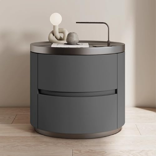 EALLEN Cream Style Bedside Table, Oval Shape Simple Luxury Bedside Table for Bedroom, Leather Nd with 2 Rawers, Silent Rails, Bed Side End Table for Living Room,dark grey