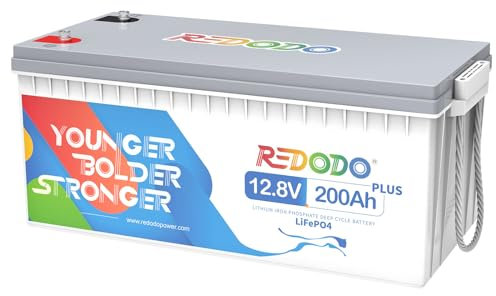 Redodo 12V 200Ah Plus Batterie Lithium,LiFePO4 Batterie 2560W,BMS 200A Intégré,4000+ Cycles Profonds,Certificats UL&FCC,Durée de Vie de 10 Ans,pour Camping Cars,Energie Solaire